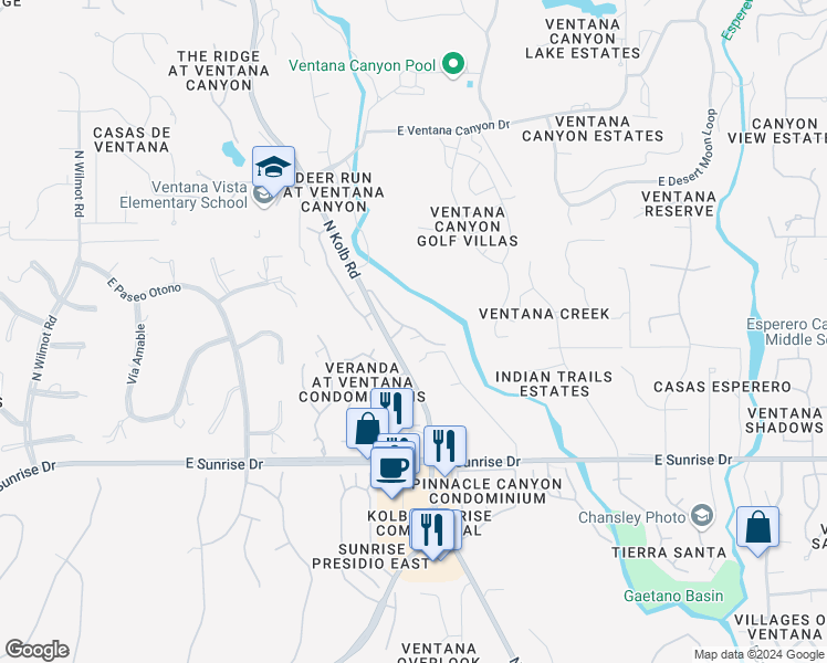 map of restaurants, bars, coffee shops, grocery stores, and more near 5800 North Kolb Road in Tucson