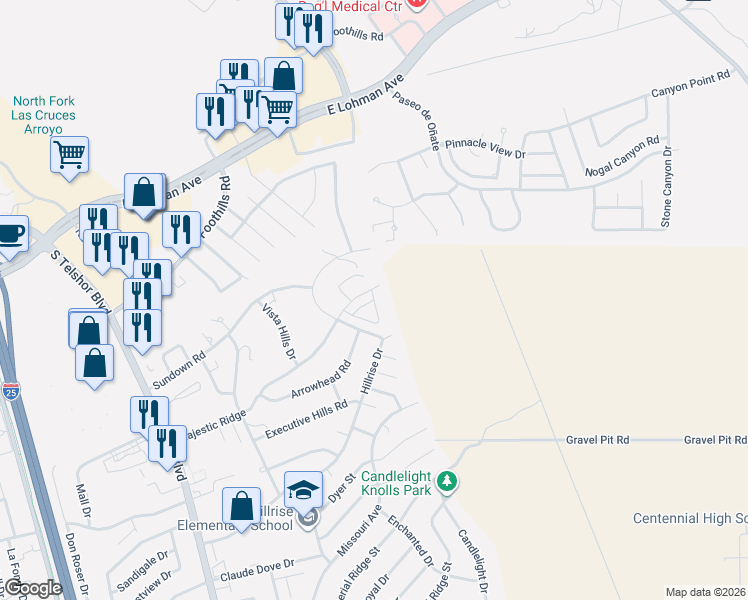 map of restaurants, bars, coffee shops, grocery stores, and more near 3390 Majestic Shadow Way in Las Cruces
