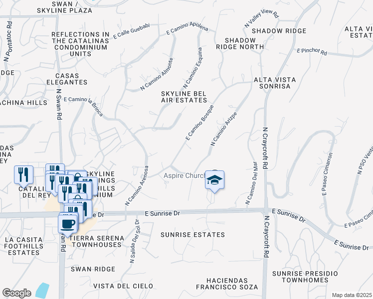 map of restaurants, bars, coffee shops, grocery stores, and more near 5152 East Camino Bosque in Tucson