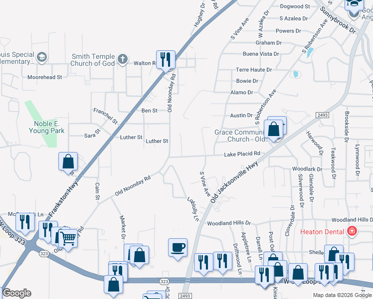map of restaurants, bars, coffee shops, grocery stores, and more near 3049 Legacy Circle in Tyler