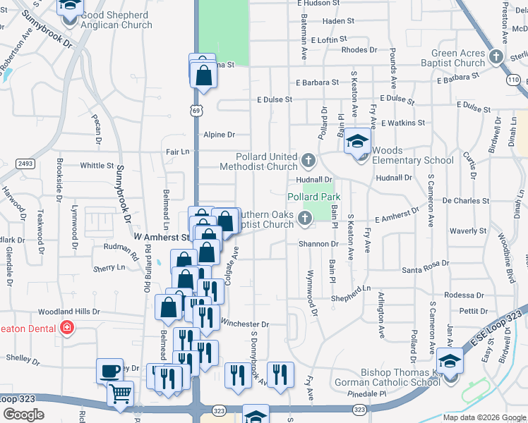 map of restaurants, bars, coffee shops, grocery stores, and more near 504 Cornell Place in Tyler