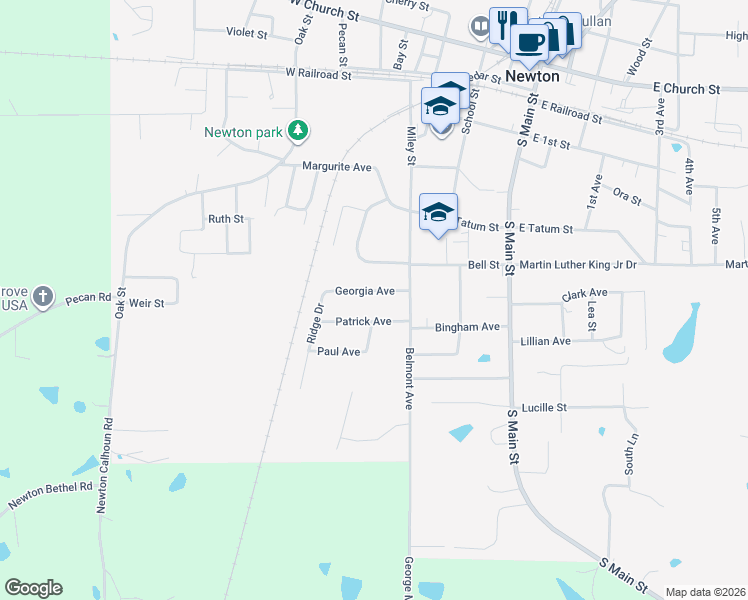 map of restaurants, bars, coffee shops, grocery stores, and more near 105-115 Georgia Avenue in Newton
