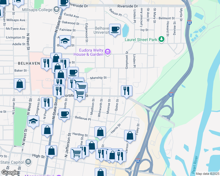 map of restaurants, bars, coffee shops, grocery stores, and more near 1199 Carlisle St in Jackson