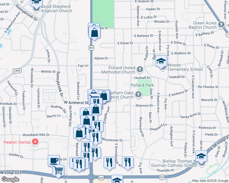 map of restaurants, bars, coffee shops, grocery stores, and more near 3211 South Donnybrook Avenue in Tyler