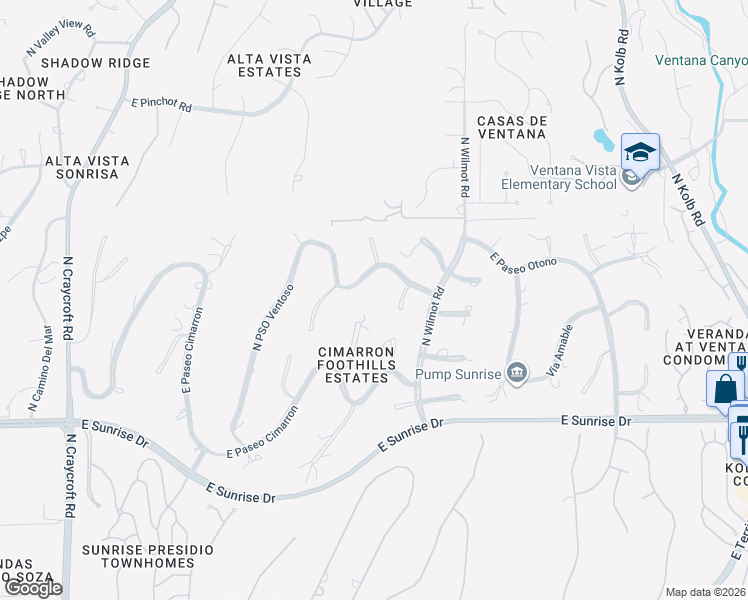 map of restaurants, bars, coffee shops, grocery stores, and more near 6126 East Paseo Ventoso in Tucson