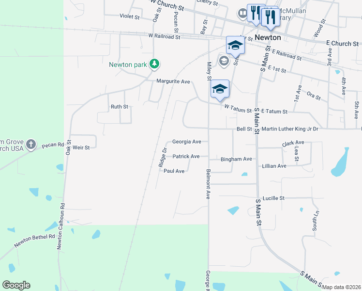 map of restaurants, bars, coffee shops, grocery stores, and more near 105 Georgia Avenue in Newton