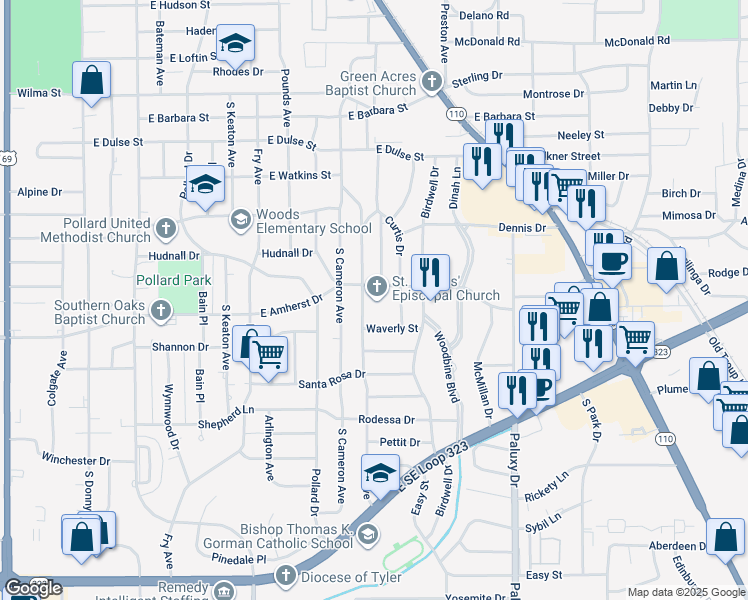 map of restaurants, bars, coffee shops, grocery stores, and more near 3232 Jan Avenue in Tyler