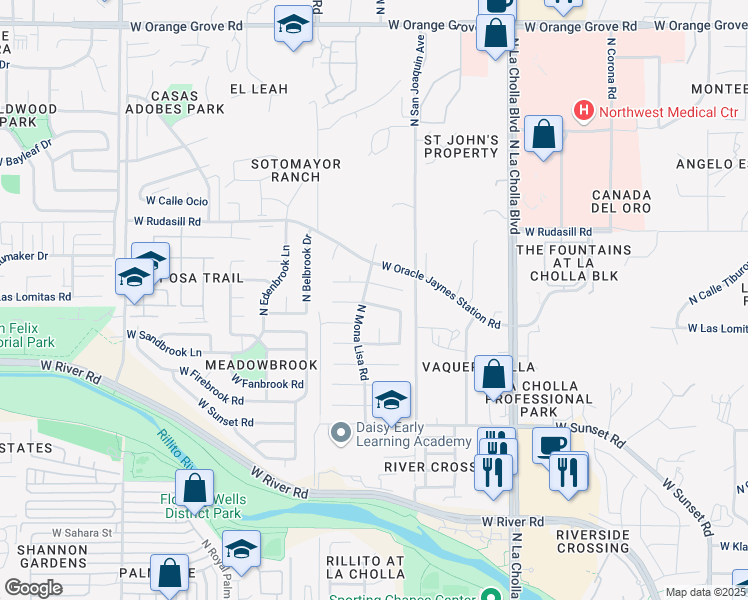 map of restaurants, bars, coffee shops, grocery stores, and more near 2370 West Ian Place in Tucson