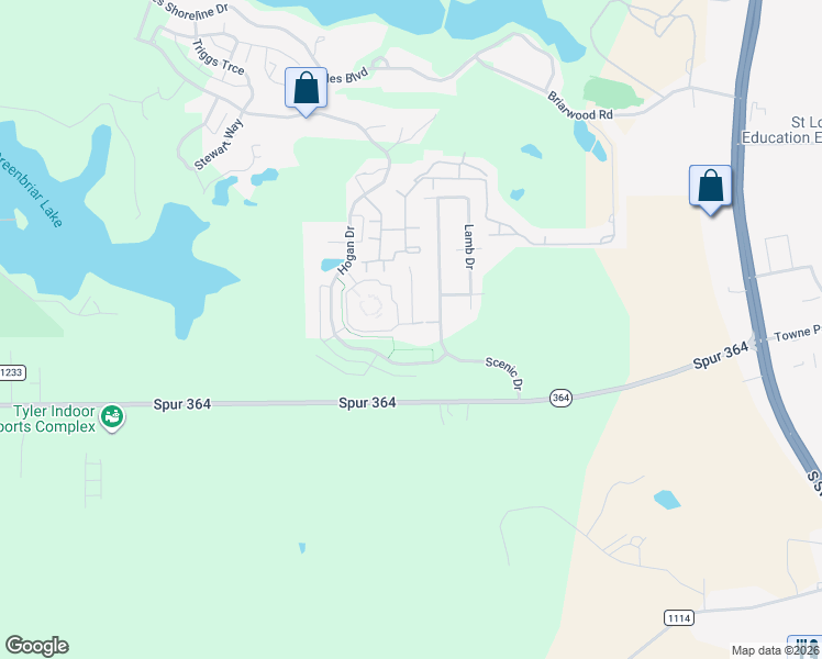 map of restaurants, bars, coffee shops, grocery stores, and more near 3456 Pine Terrace Drive in Tyler