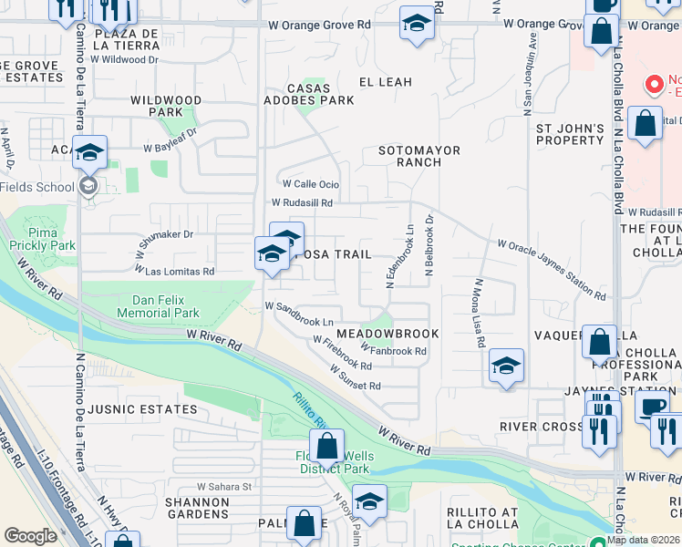 map of restaurants, bars, coffee shops, grocery stores, and more near 2748 West Leafwing Drive in Tucson