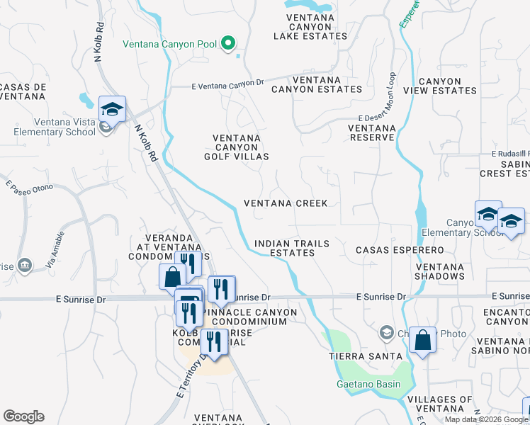 map of restaurants, bars, coffee shops, grocery stores, and more near 5828 North Golden Eagle Drive in Tucson