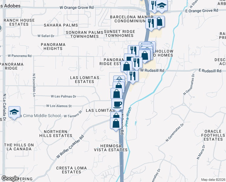 map of restaurants, bars, coffee shops, grocery stores, and more near 635 West Calle de las Lomitas in Tucson
