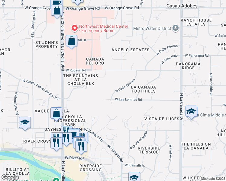 map of restaurants, bars, coffee shops, grocery stores, and more near 5825 North Calle Tiburon in Tucson