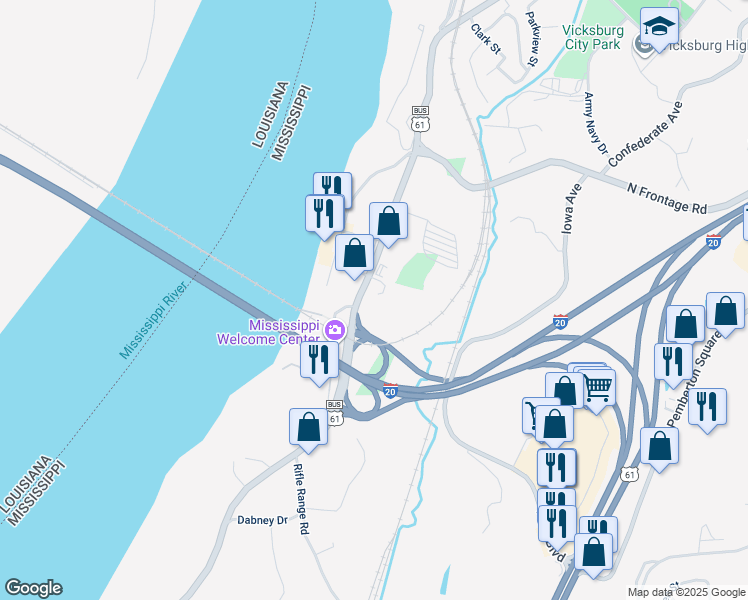 map of restaurants, bars, coffee shops, grocery stores, and more near 4223 Interstate 20 Frontage Road in Vicksburg