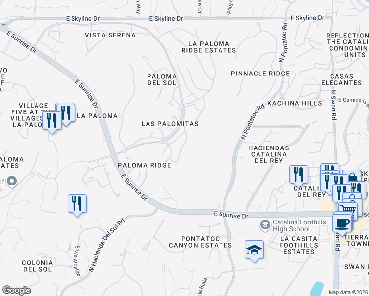 map of restaurants, bars, coffee shops, grocery stores, and more near 5874 North Misty Ridge Drive in Tucson