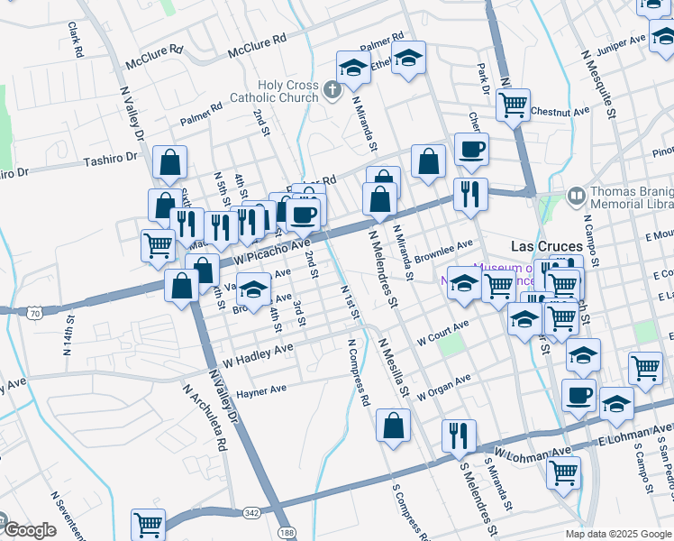 map of restaurants, bars, coffee shops, grocery stores, and more near 802 North 1st Street in Las Cruces
