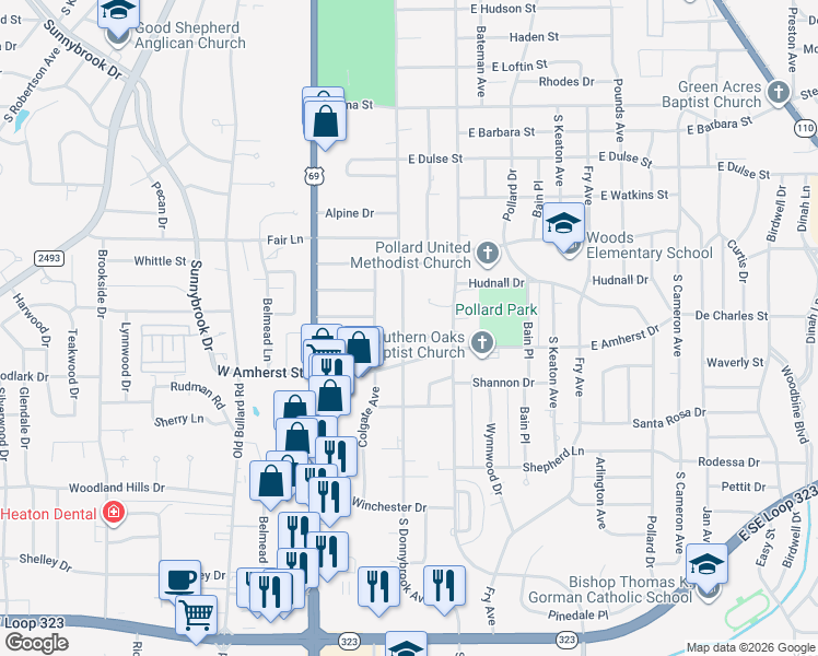 map of restaurants, bars, coffee shops, grocery stores, and more near 504 Cornell Pl in Tyler