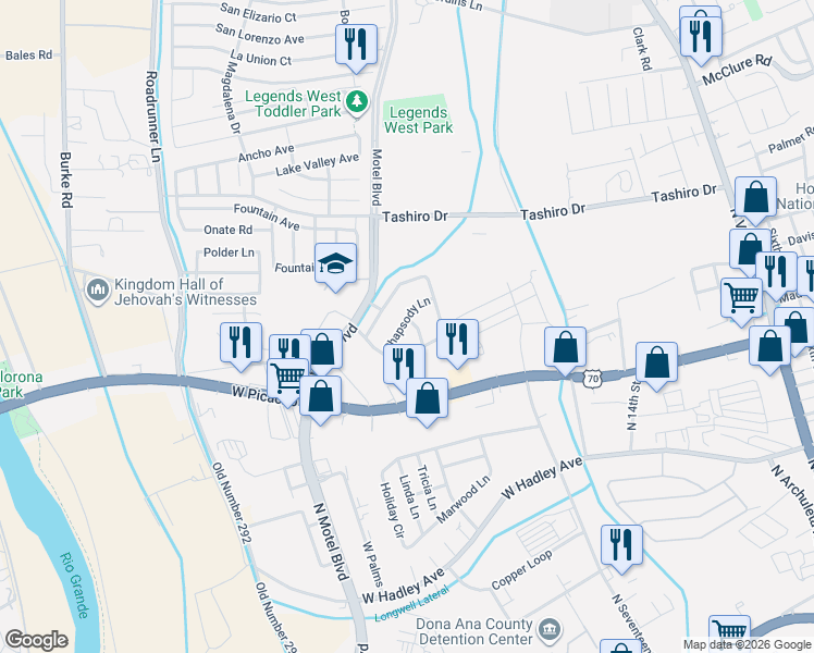 map of restaurants, bars, coffee shops, grocery stores, and more near 1016 Rhapsody Lane in Las Cruces