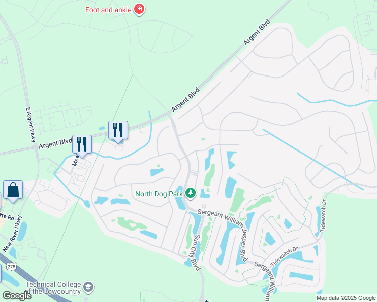 map of restaurants, bars, coffee shops, grocery stores, and more near 30 Fawnwood Court in Bluffton