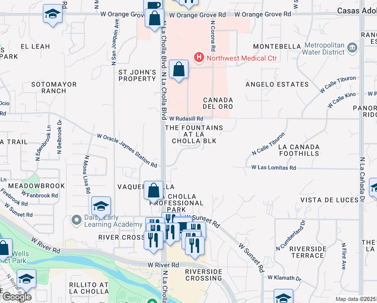 map of restaurants, bars, coffee shops, grocery stores, and more near Fountains Avenue in Tucson