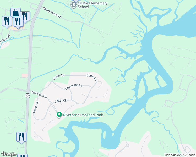 map of restaurants, bars, coffee shops, grocery stores, and more near 130 Cutter Cir in Bluffton