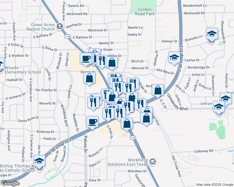 map of restaurants, bars, coffee shops, grocery stores, and more near 3314 Troup Hwy in Tyler