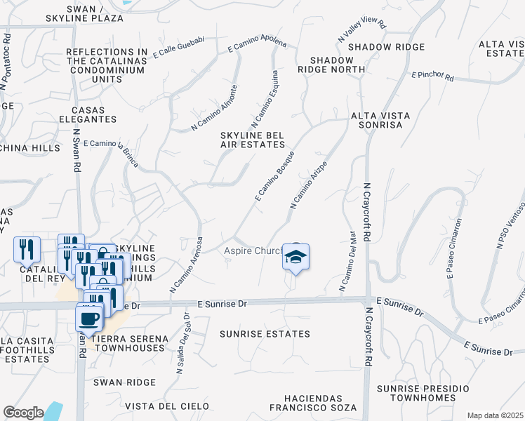 map of restaurants, bars, coffee shops, grocery stores, and more near 5152 East Camino Bosque in Tucson