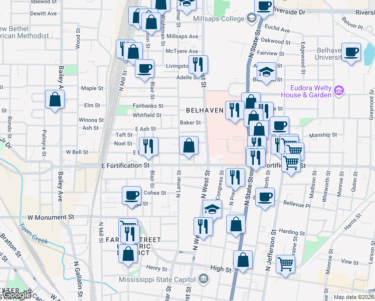 map of restaurants, bars, coffee shops, grocery stores, and more near 1113 Crestview Avenue in Jackson