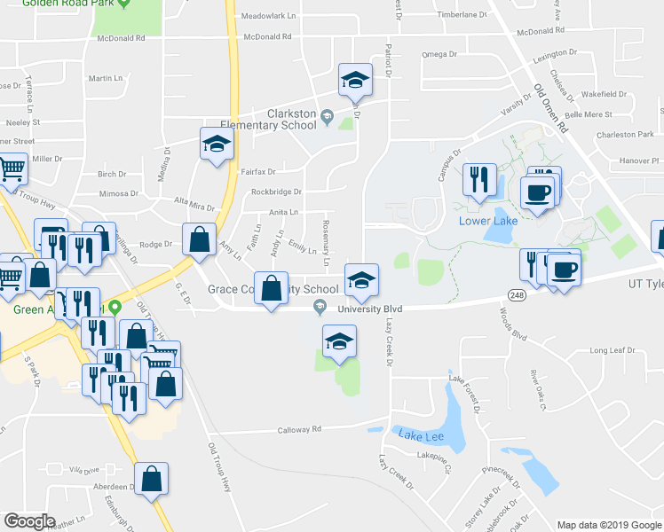 map of restaurants, bars, coffee shops, grocery stores, and more near 3208 Rosemary Lane in Tyler