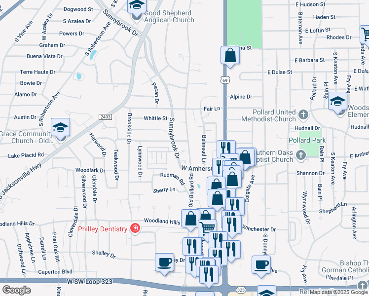 map of restaurants, bars, coffee shops, grocery stores, and more near 402 Greenway Circle in Tyler