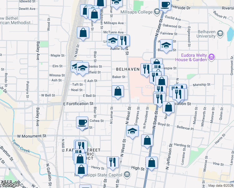 map of restaurants, bars, coffee shops, grocery stores, and more near 1113 Crestview Avenue in Jackson