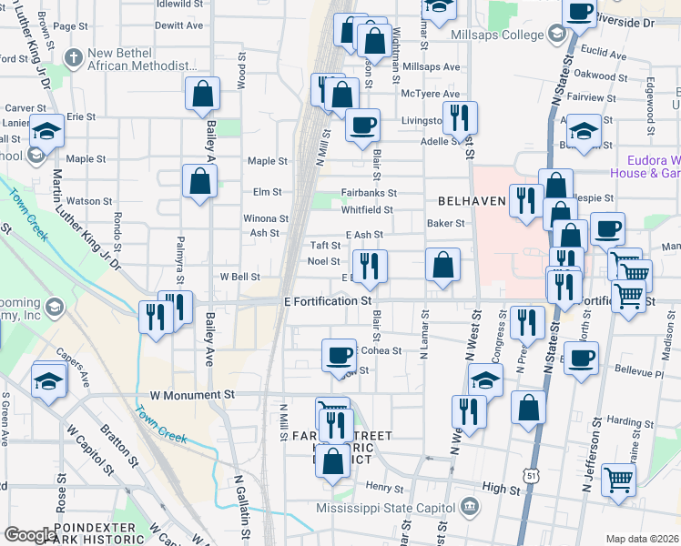 map of restaurants, bars, coffee shops, grocery stores, and more near 187 East Bell Street in Jackson