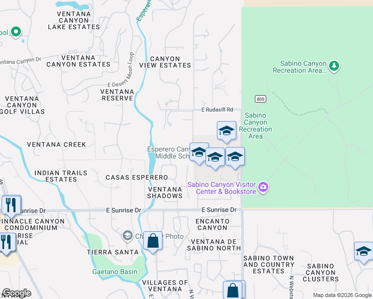 map of restaurants, bars, coffee shops, grocery stores, and more near 5865 North Sabino Shadow Lane in Tucson