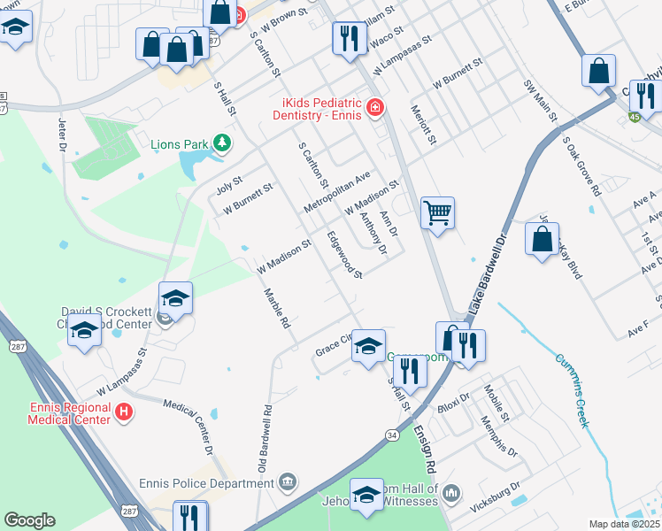 map of restaurants, bars, coffee shops, grocery stores, and more near 1116 South Hall Street in Ennis