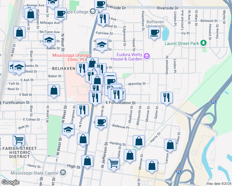 map of restaurants, bars, coffee shops, grocery stores, and more near 910 Carlisle Street in Jackson