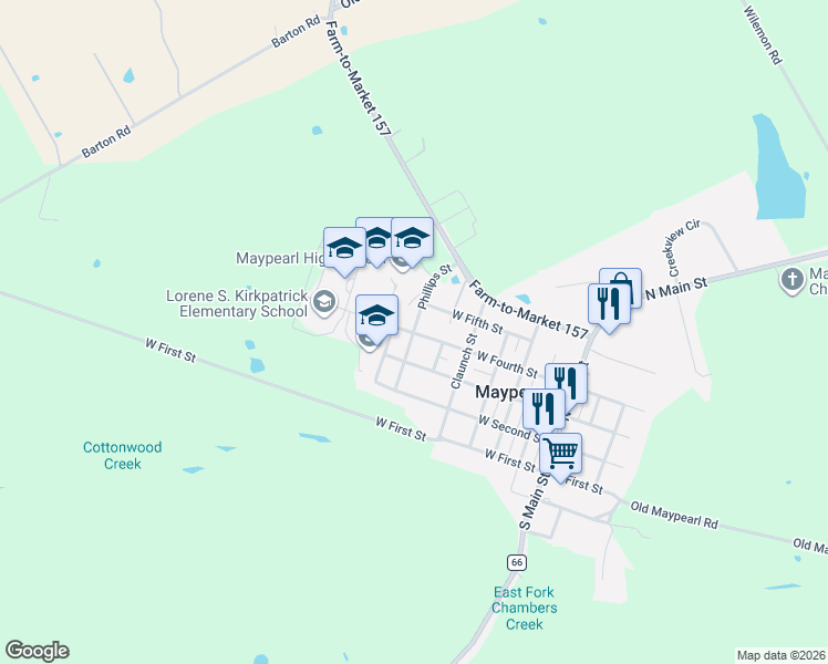 map of restaurants, bars, coffee shops, grocery stores, and more near 1025 4th Street in Maypearl