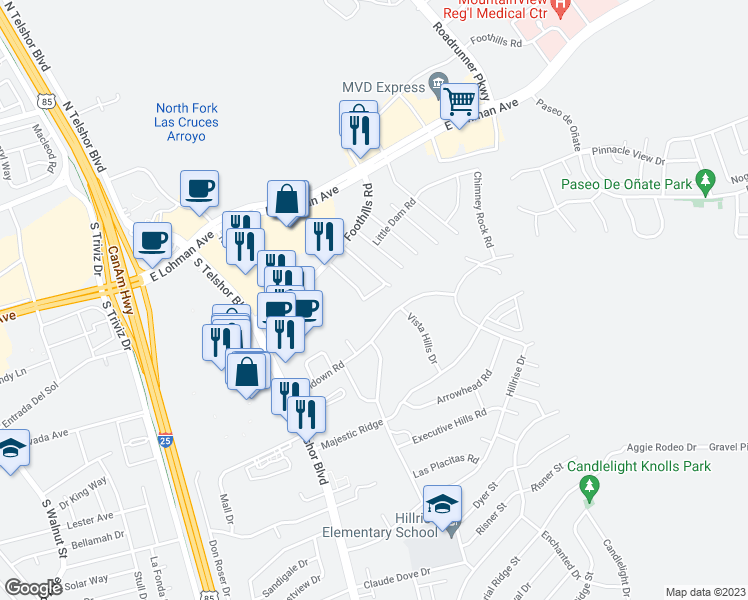 map of restaurants, bars, coffee shops, grocery stores, and more near 3189 Athenian Way in Las Cruces