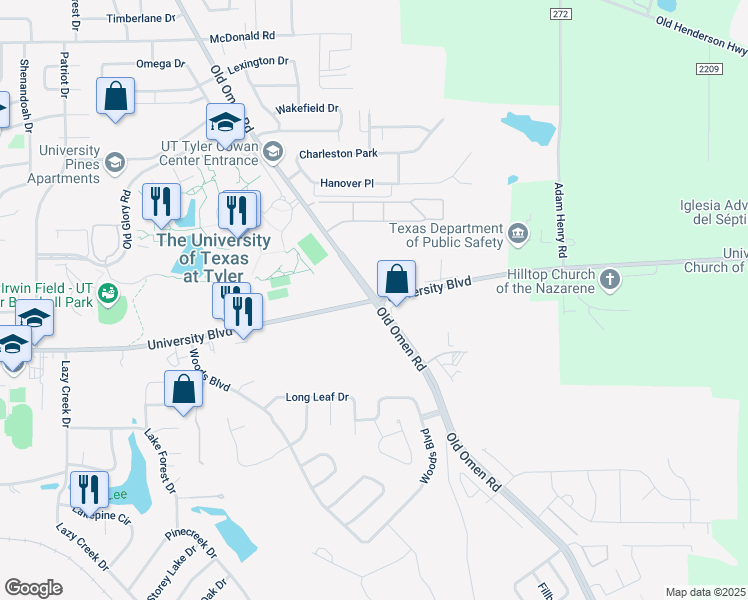 map of restaurants, bars, coffee shops, grocery stores, and more near Old Omen Rd & University Blvd in Tyler