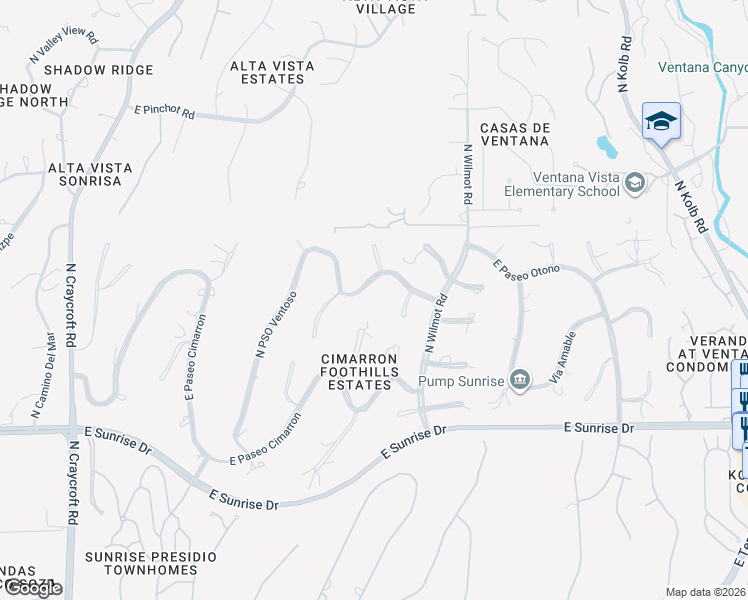 map of restaurants, bars, coffee shops, grocery stores, and more near 6126 East Paseo Ventoso in Tucson