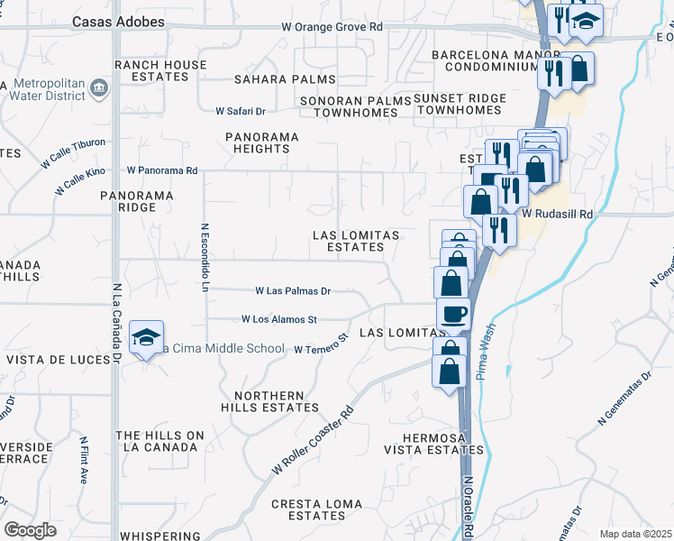 map of restaurants, bars, coffee shops, grocery stores, and more near 920 West Las Palmas Drive in Tucson
