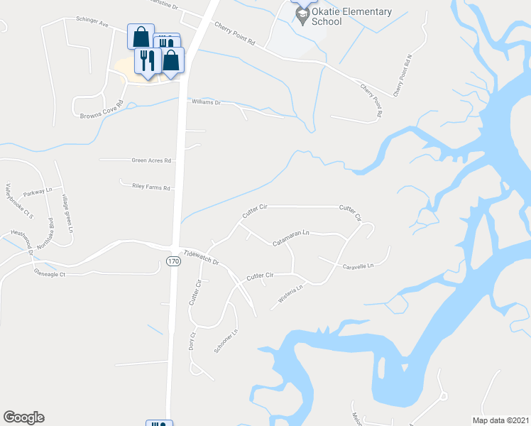 map of restaurants, bars, coffee shops, grocery stores, and more near 175 Cutter Circle in Bluffton