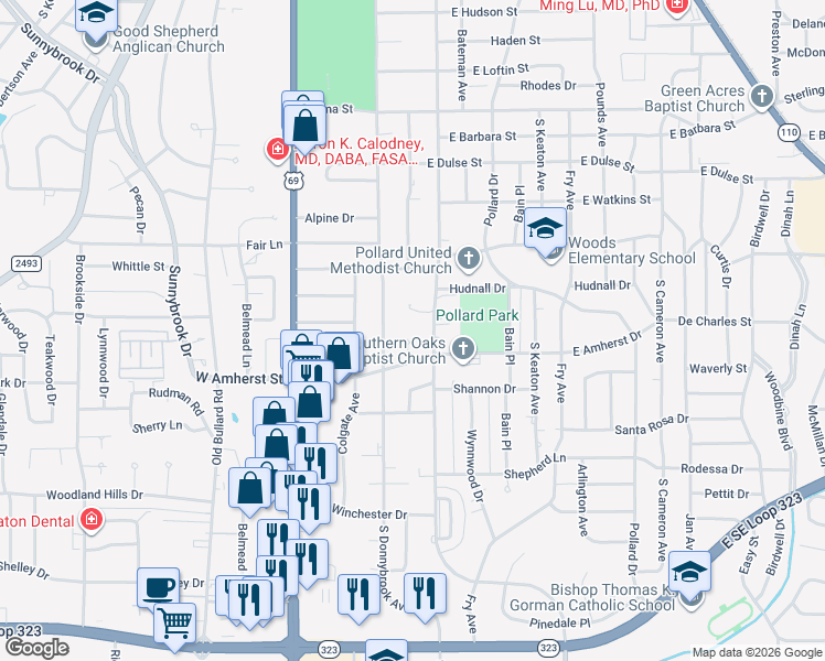 map of restaurants, bars, coffee shops, grocery stores, and more near 504 Cornell Pl in Tyler