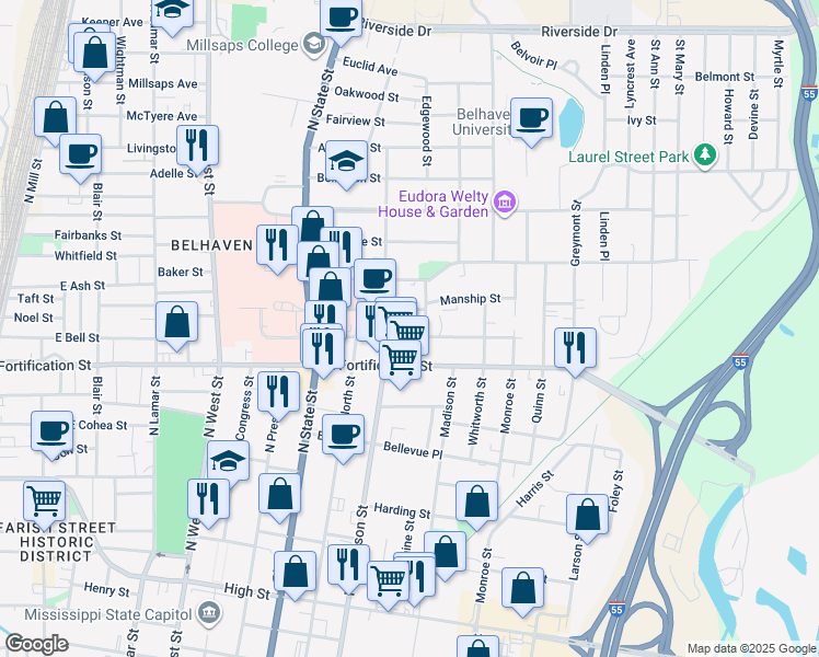 map of restaurants, bars, coffee shops, grocery stores, and more near 926 Carlisle Street in Jackson