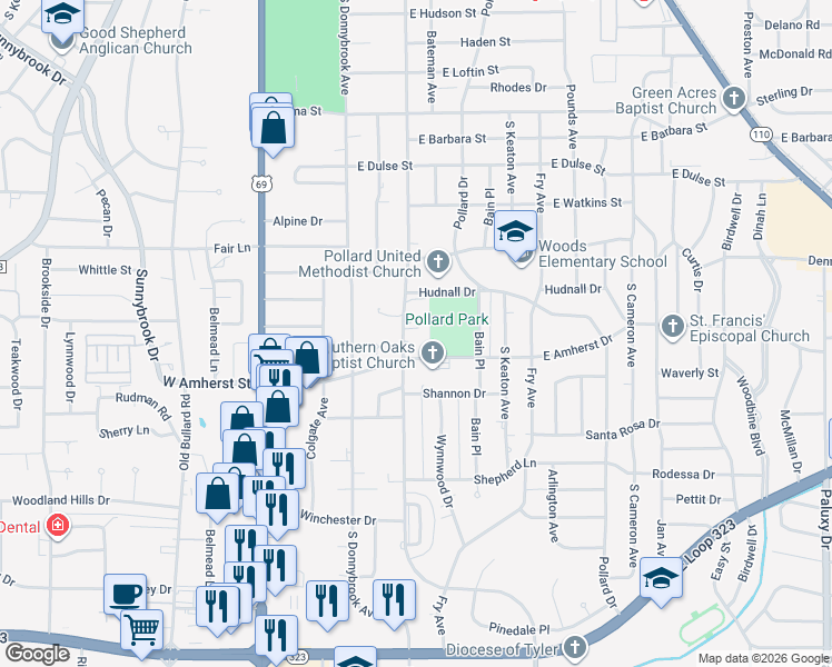 map of restaurants, bars, coffee shops, grocery stores, and more near 3100 New Copeland Road in Tyler