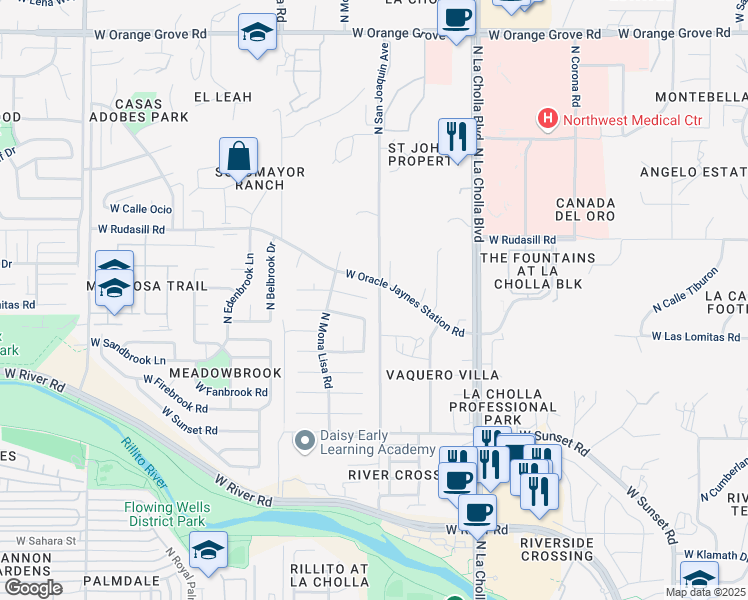 map of restaurants, bars, coffee shops, grocery stores, and more near 2300 West Ian Place in Tucson