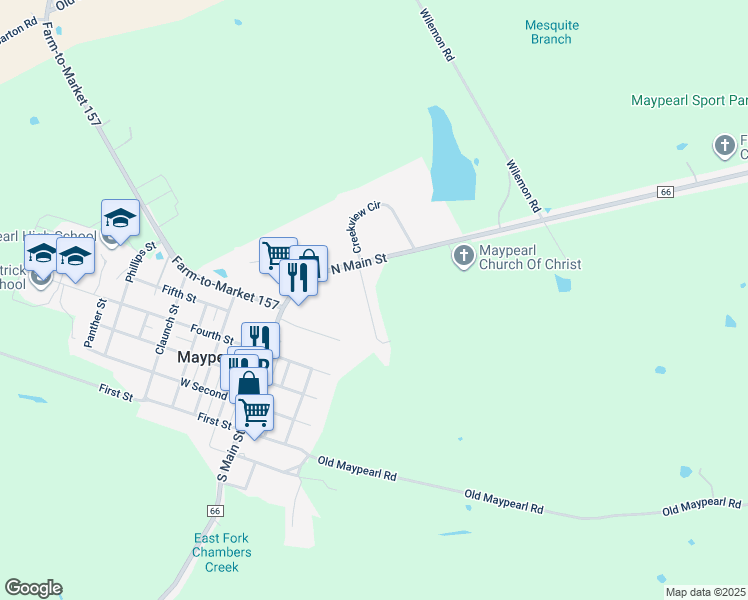 map of restaurants, bars, coffee shops, grocery stores, and more near 201 Chambers Creek Circle in Maypearl