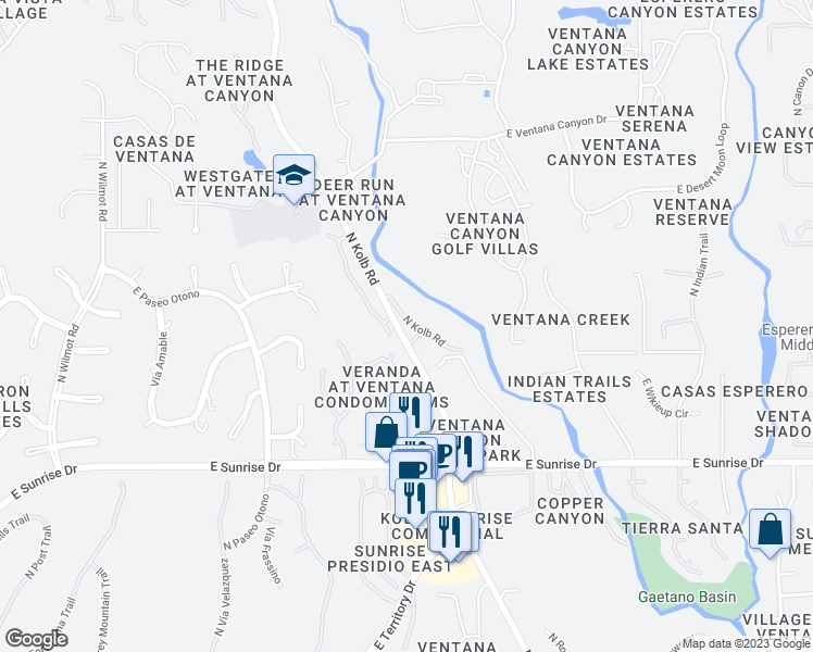 map of restaurants, bars, coffee shops, grocery stores, and more near 5800 North Kolb Road in Tucson