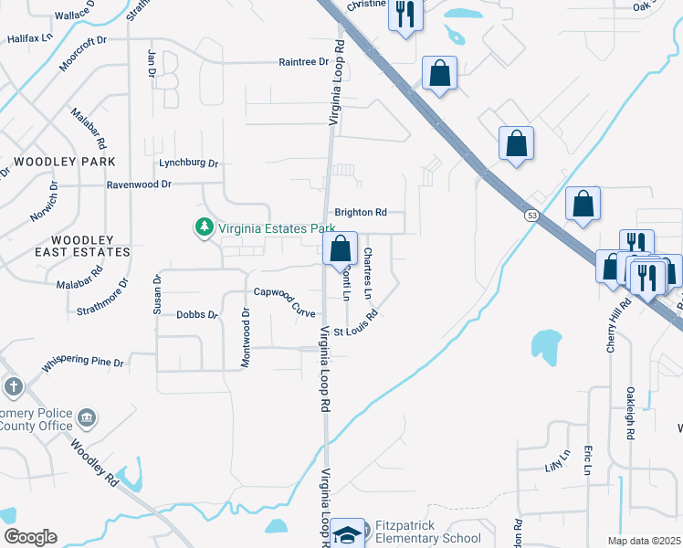map of restaurants, bars, coffee shops, grocery stores, and more near 4630 Conti Lane in Montgomery
