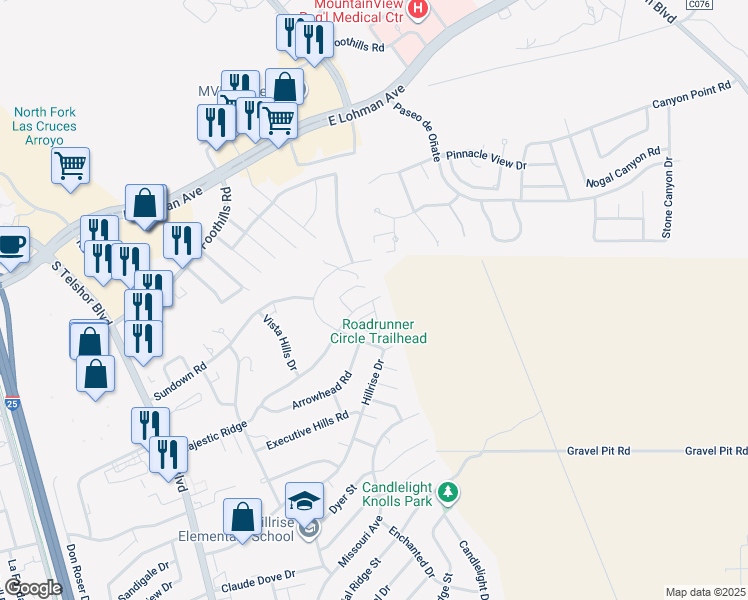 map of restaurants, bars, coffee shops, grocery stores, and more near 3350 Majestic Ridge in Las Cruces