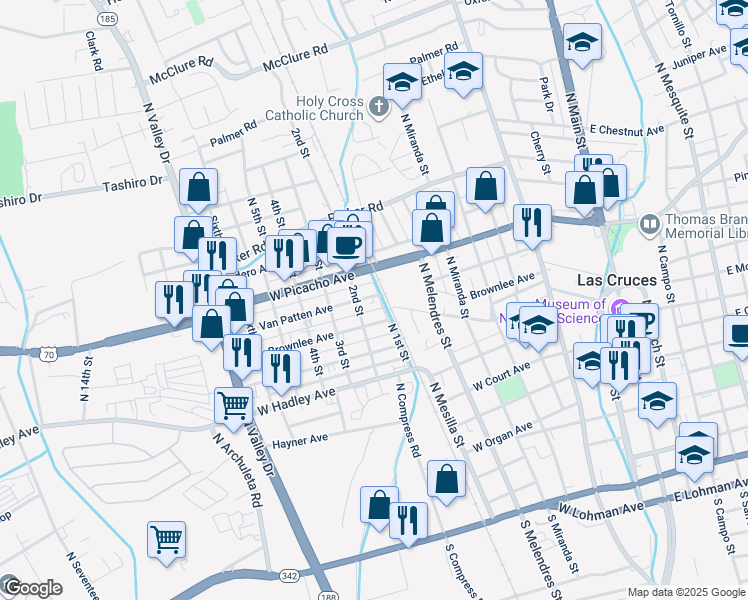 map of restaurants, bars, coffee shops, grocery stores, and more near 700-802 North 1st Street in Las Cruces